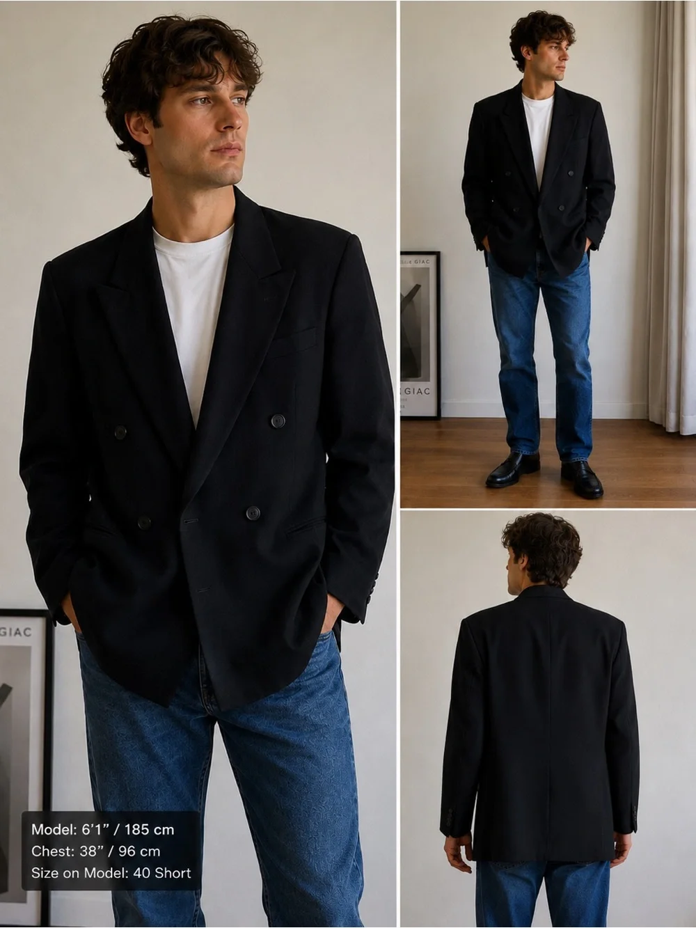Giorgio Armani Le Collezioni Black Double-Breasted wool Blazer 40s quiet luxury